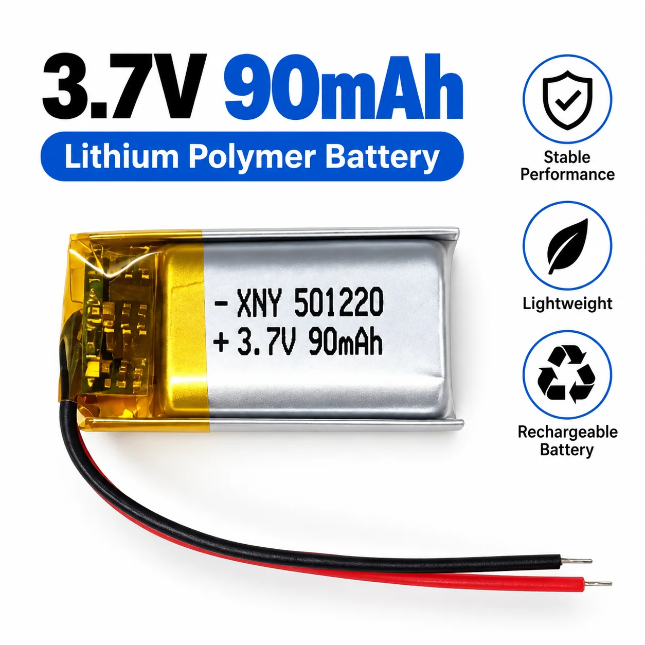 501220 3.7V 90mAh Polymer Lithium Rechargeable Battery for Bluetooth Headset,Beauty Instrument,Watch,051220 Real Capacity
