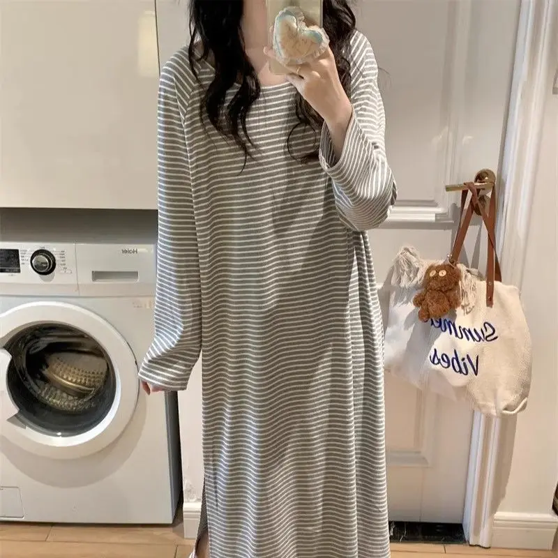 

Women's Sleep Dress Spring Autumn Long Sleeves Nightgowns Pajamas Round Neck Nightdress Home Clothes Minimalist Dress New Style