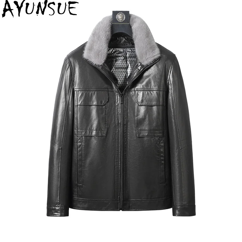 

AYUNSUE 100% Genuine Goatskin Leather Jackets Man Winter 2025 Mink Fur Collar Puffer Jacket Warm Short Goose Down Coat Jaquetas