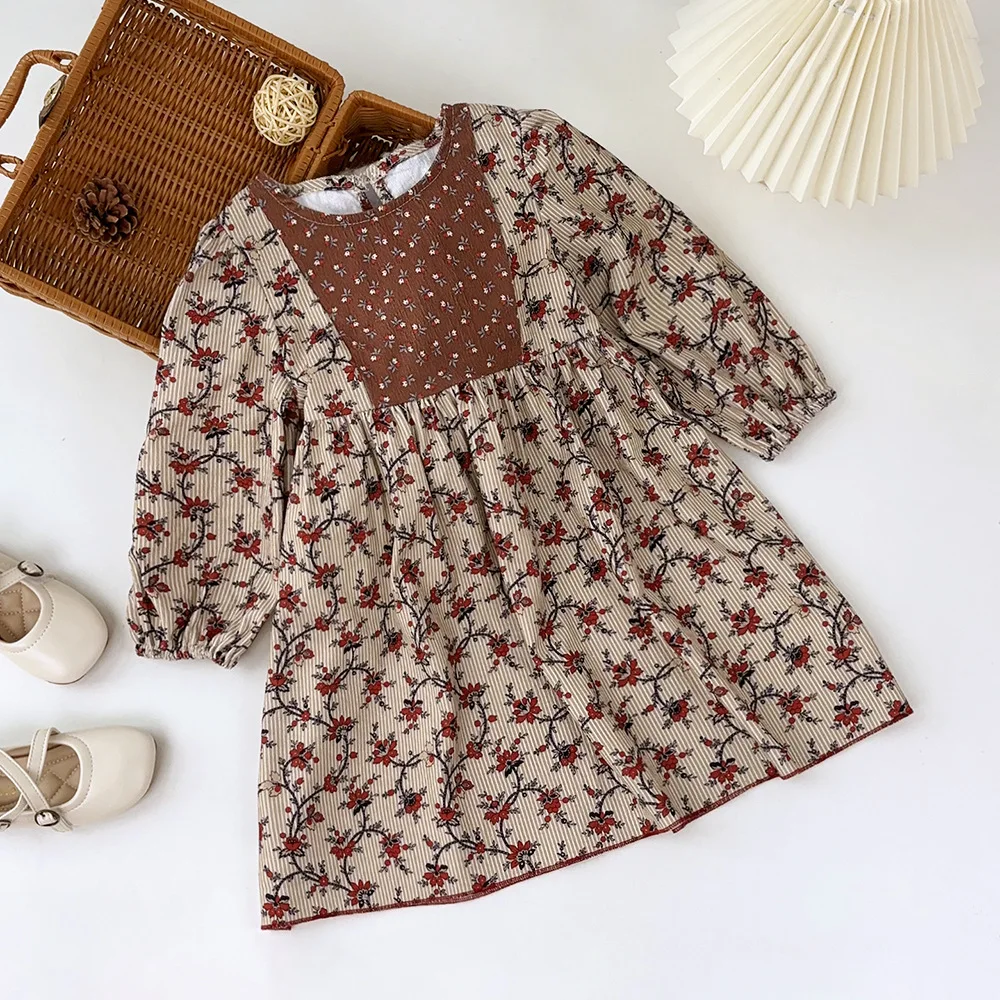 Girls Casual Dresses Autumn New Korean Broken Flowers Girl Splicing Forest Simple Round Collar Loose 2024 Printing Sweet