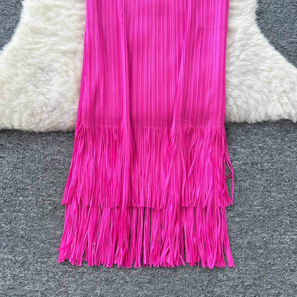 Chic Sexy tassel chain O-Neck asymmetrical Dress Fairy Summer Beach Vacation Women Boho Sundress Two Piece Set