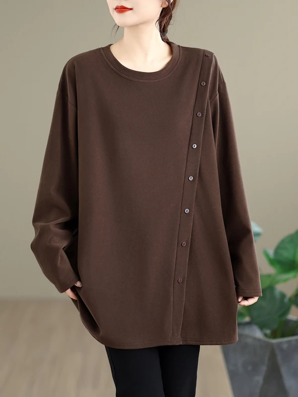 Botão design cor pura camisa de comprimento médio plus size feminino longo sve redondo ne solto topo casual fibra de poliéster