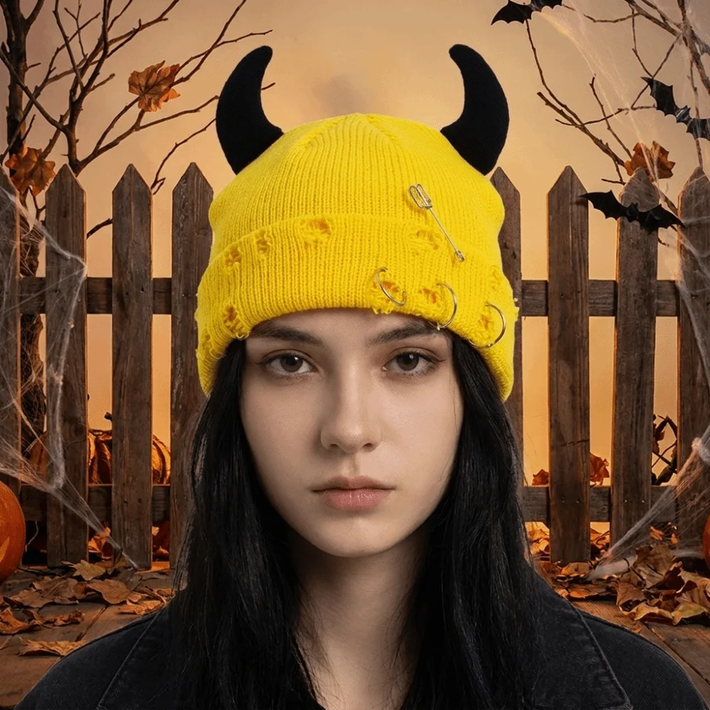 Fashion Yarn Devil Horns Hat Distressed Solid Color Winter Pullover Cap Adjustable Hip Hop Knitted Beanie Outdoor
