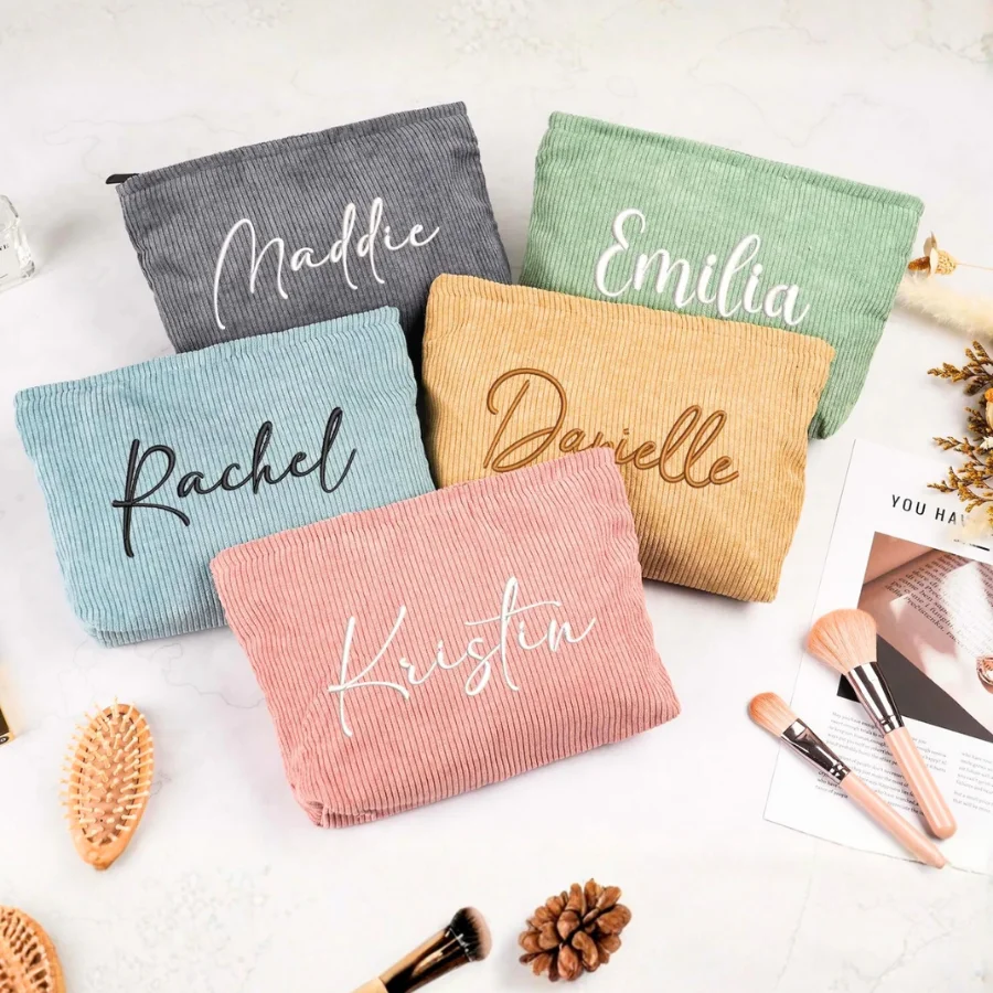 1/3/5pcs Embroidered Corduroy Makeup Bag, Personalized Bag, Custom, Ideal Gifts For Her, Girlfriend, Chic Autumn, Fall Decor