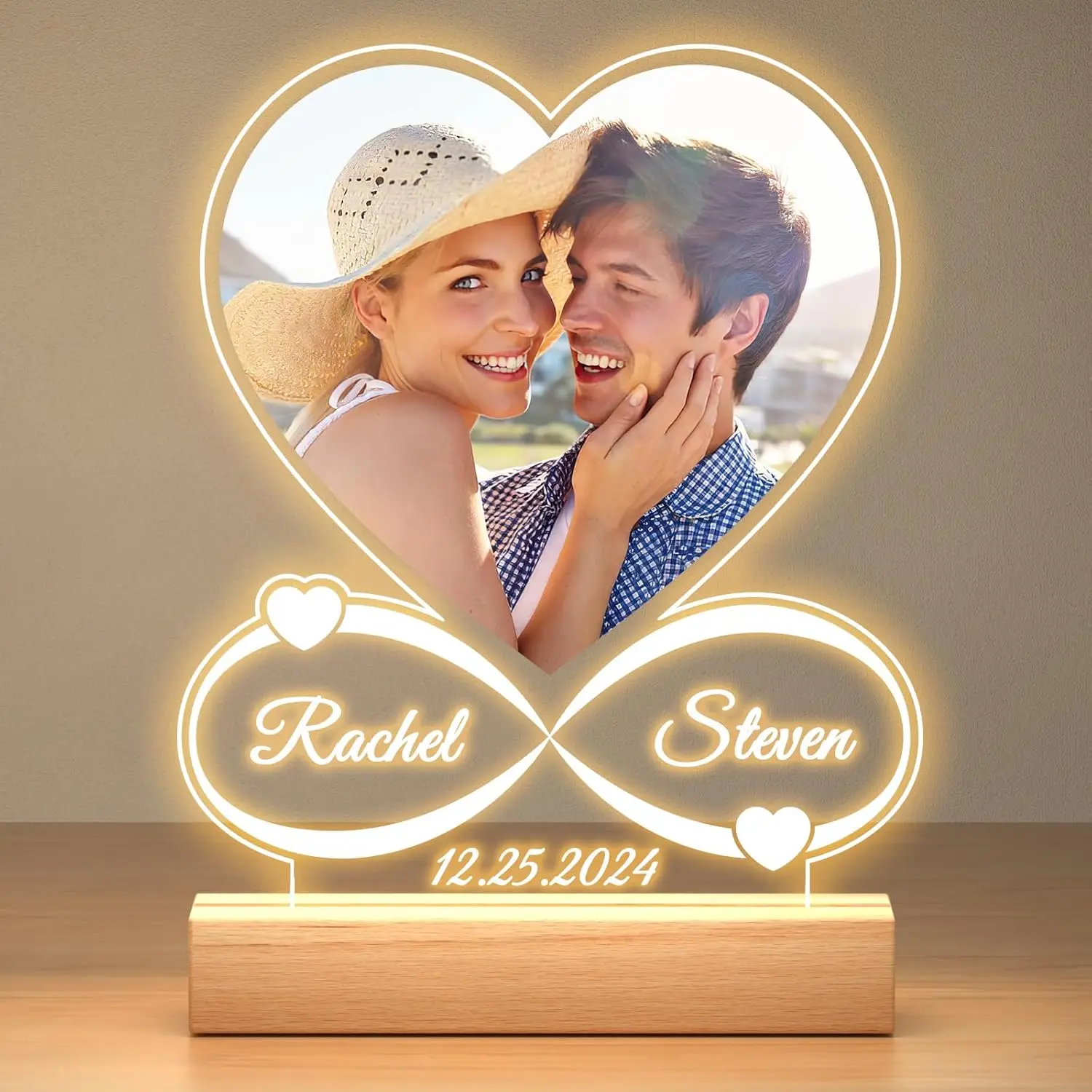 Custom Acrylic Heart Picture Frame with Photo Personalized Anniversary Couples Gift Custom Acrylic Plaque with Night Light