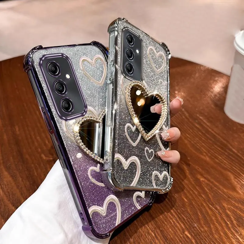 Airbag Wrist Strap Glitter Love Heart Mirror Phone Case On For Samsung Galaxy A13 A14 A15 A16 A23 34 A35 A36 A54 A55 4G 5G Cover