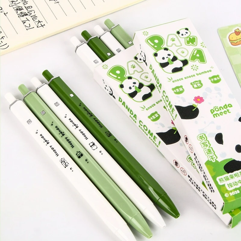 Kawaii Panda Pens 4Pcs Set Retractable Quick Dry Smooth Writing Pen 0.5mm Lovely Cartoon Animal Stationery Supplies for Students