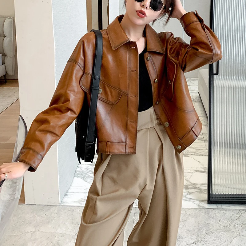 Genuine Leather Jackets 2024 New Women Real Sheepskin Turn-down Collar Pocket Fashion Streetwear Female Short Leather Jackets