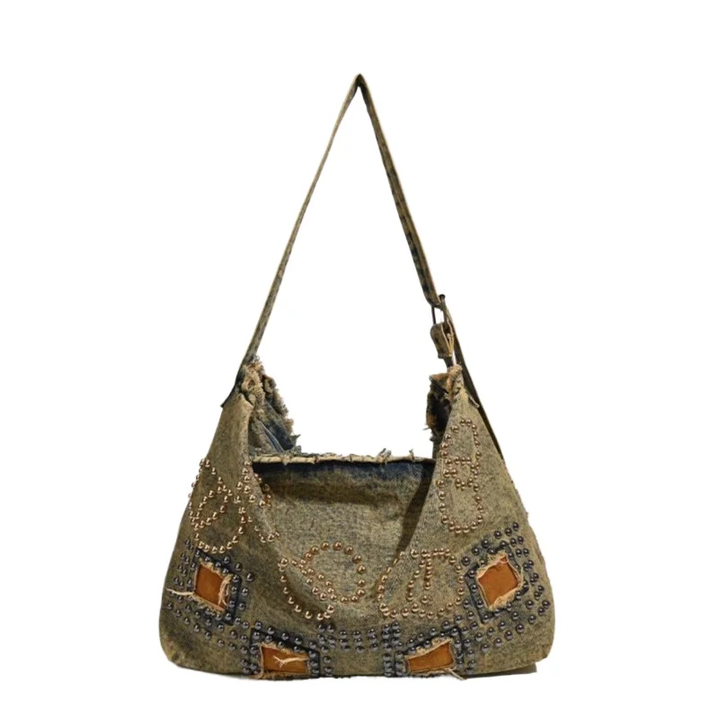 

Retro Post-apocalyptic Washed Denim Tote Bag Heavy Rivets Versatile Casual Large-capacity Crossbody Bag Single-shoulder Women's
