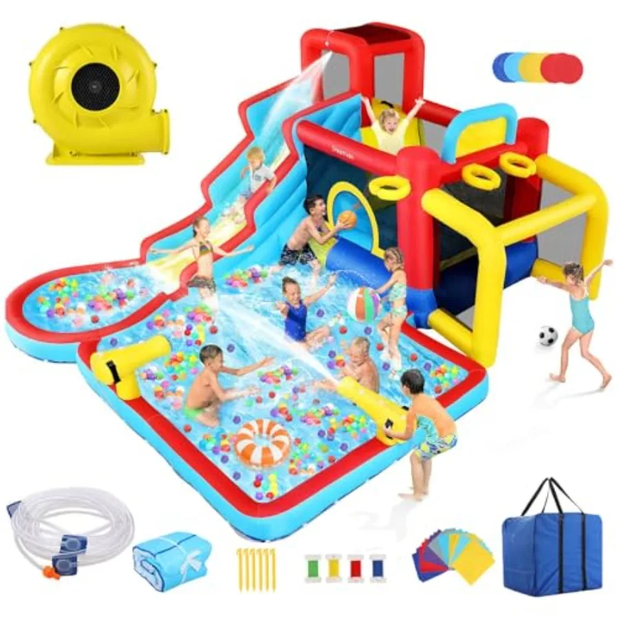 

Backyard outdoor water slide bounce house for kids 8-12 3-10 PVC vinyl material blue and yellow 13×12.5ft with waterfall waves