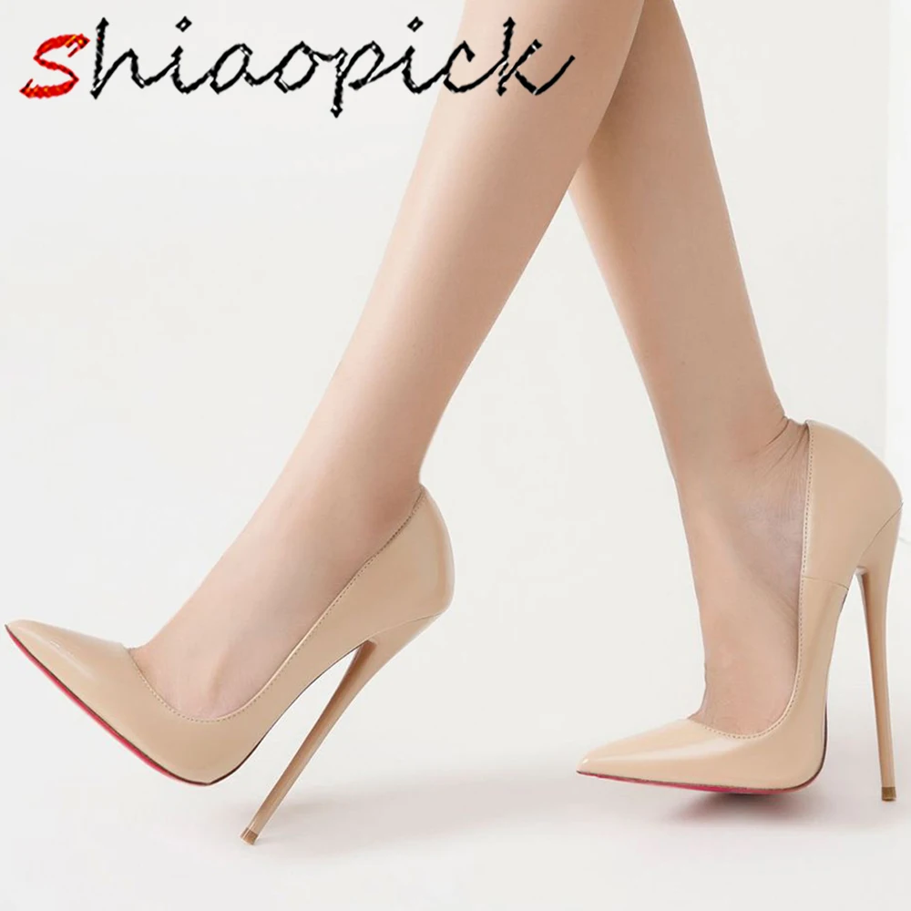 

Женские туфли-лодочки из лакированной кожи телесного цвета на очень высоком каблуке 16 см, пикантные туфли-лодочки с острым носком, модель сцены, сексуальные туфли для 2026