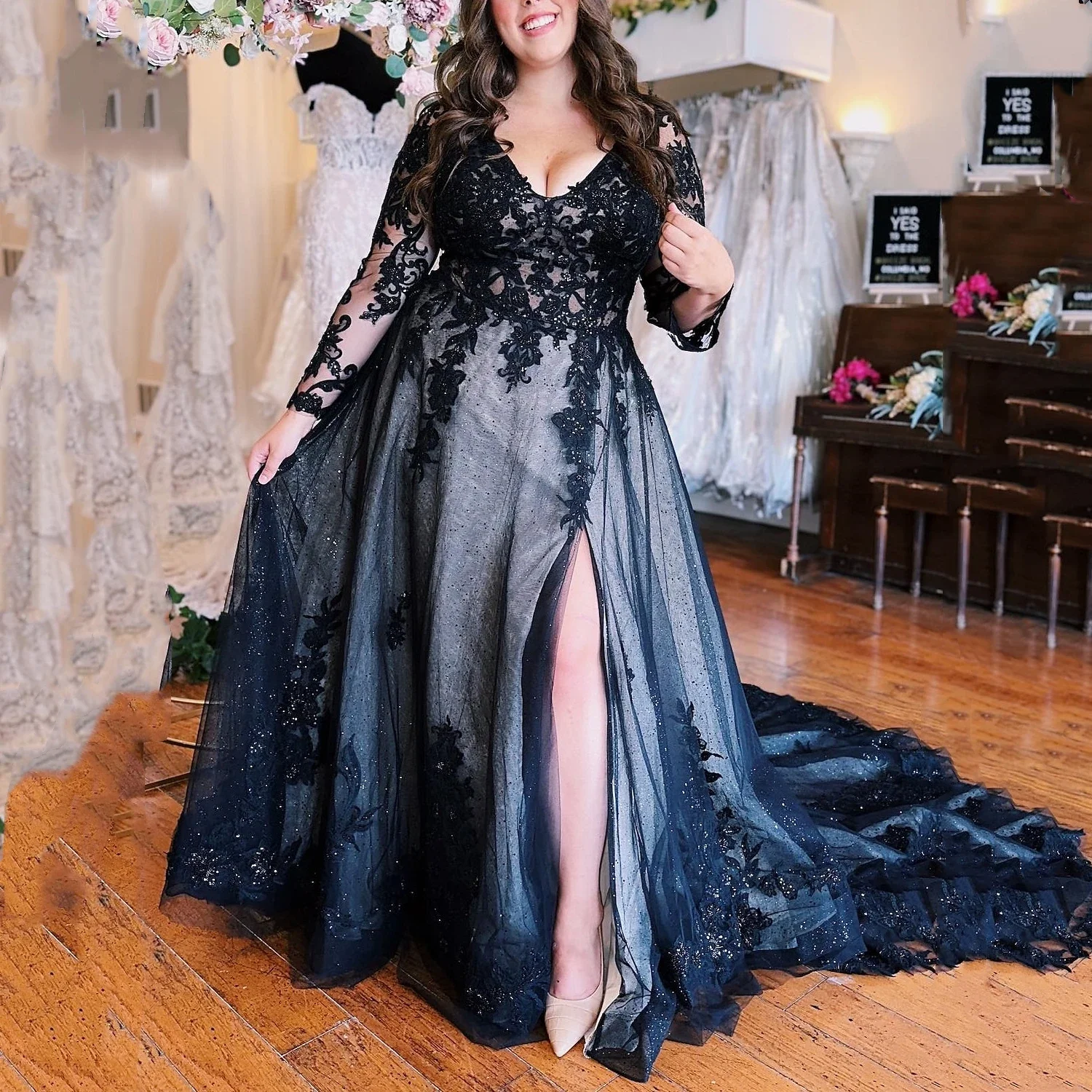 Dostosowane suknie wieczorowe Plus Size z długim rękawem V Neck Lace Applique A Line Women Mother's Wedding Party Formal Occasion Gown