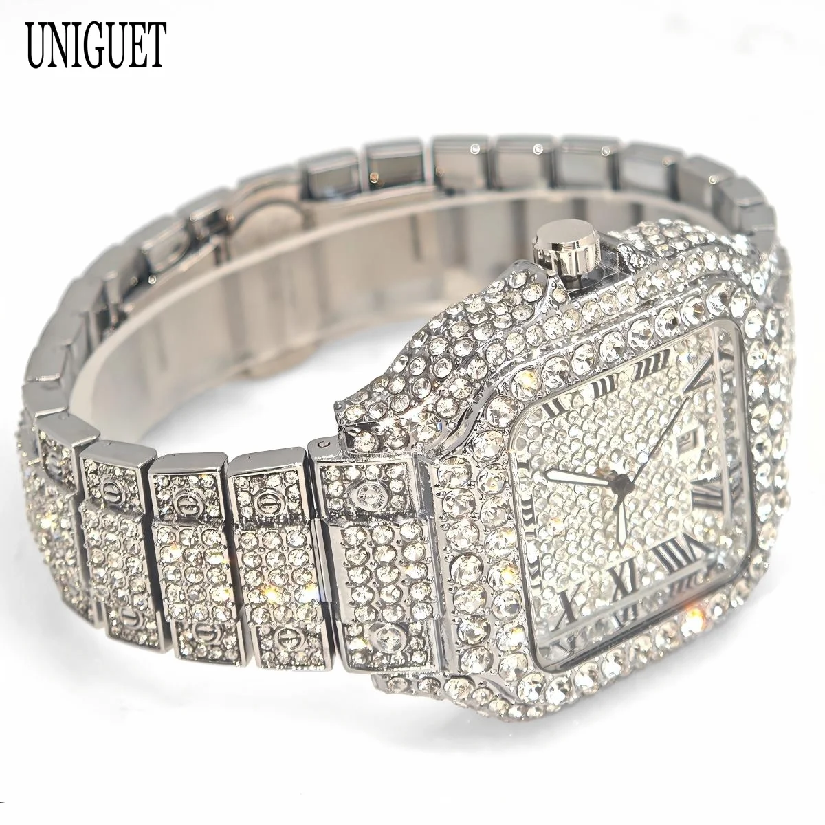UNIGUET رائجة البيع الفاخرة مثلج ساعة للرجل موضة ساحة الساعات الرجال الهيب هوب الماس بلينغ مجوهرات ساعة اليد Reloj Hombre