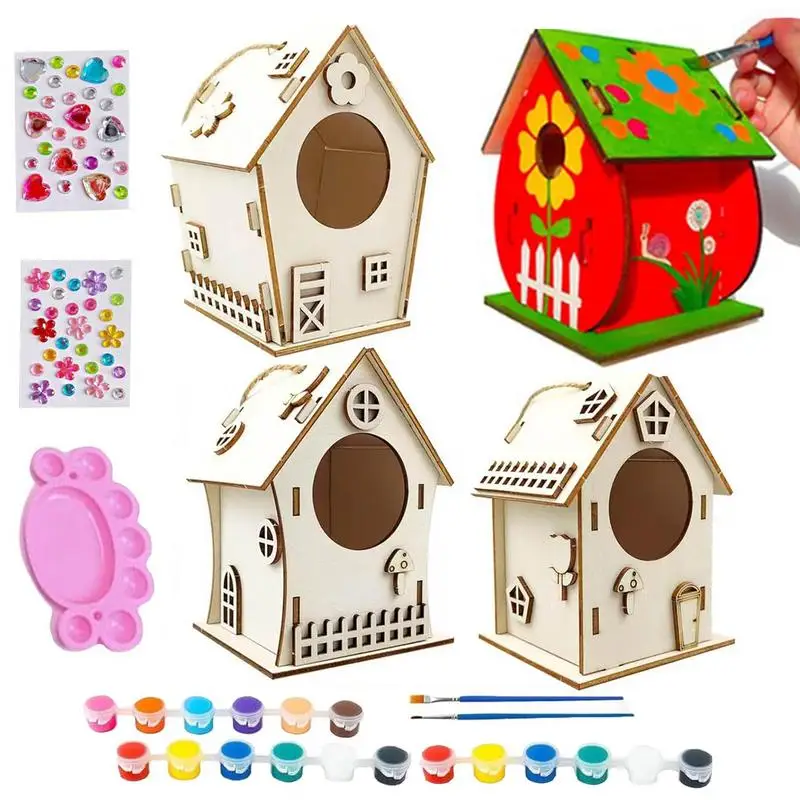 Kids Bird House Craft Kit Rope Design Wooden Bird House Construction Kits With Paint Brush Palette And Glue Assembly Crafts