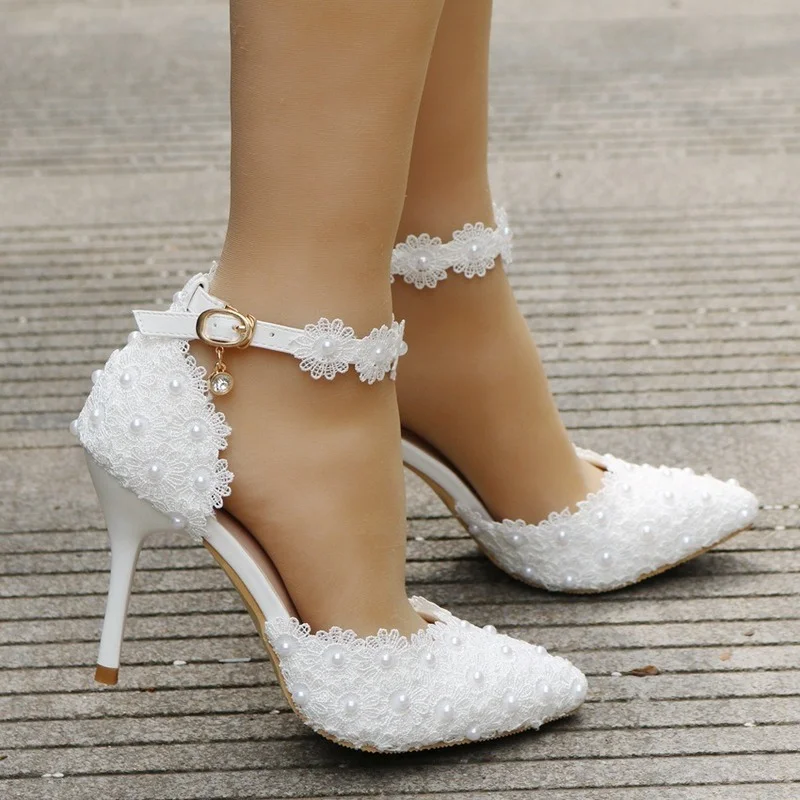 Wedding Shoes Bride White Wedding Shoes Female High Heels Ankle Strap Pumps Women's Shoes Rhinestone Lace High Heels Party Shoe