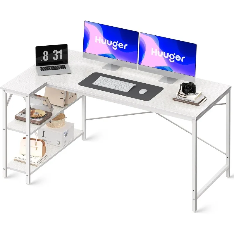 

39 Inches L Shaped Desk Computer Desk with Reversible Storage Shelves, Study Desk with Metal Frame computer