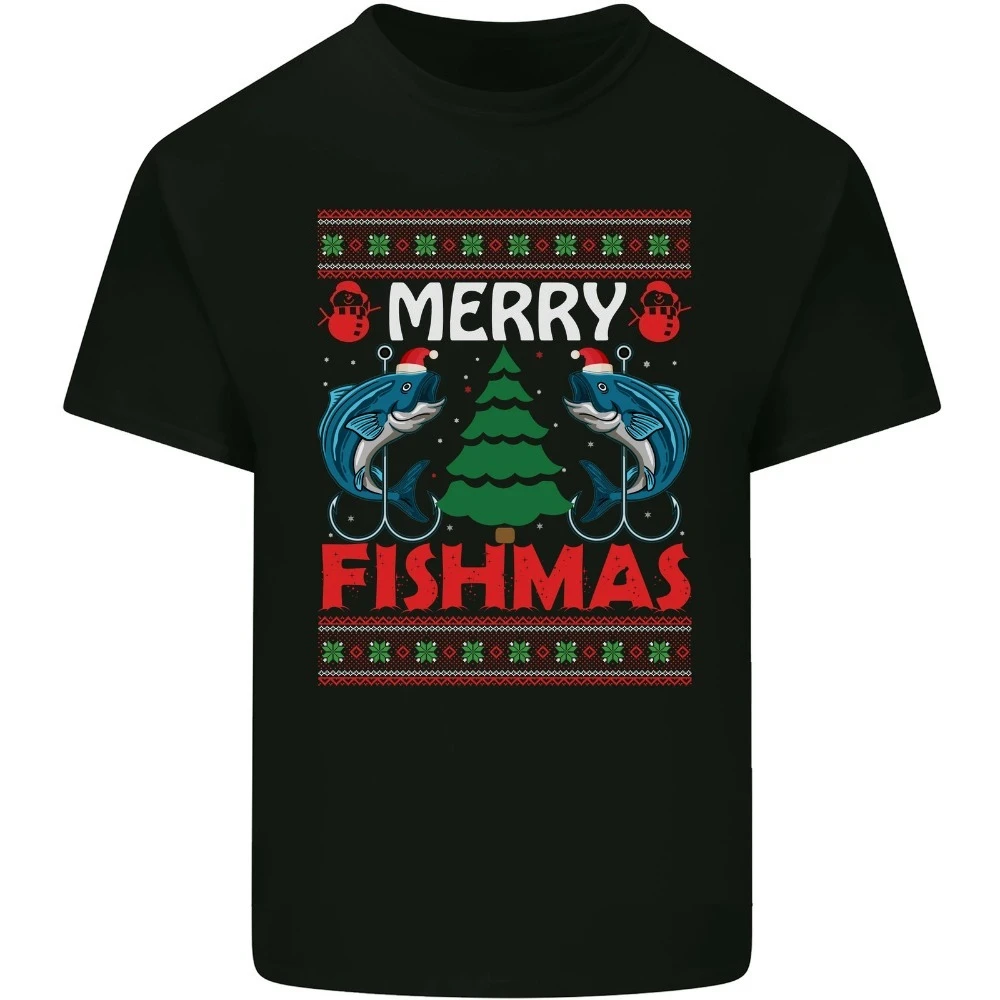 Merry Fishmas Funny Christmas Fishing Mens Cotton T-Shirt Tee Top Short Sleeve High Quality Cotton Tops Novelty Trending Clothes