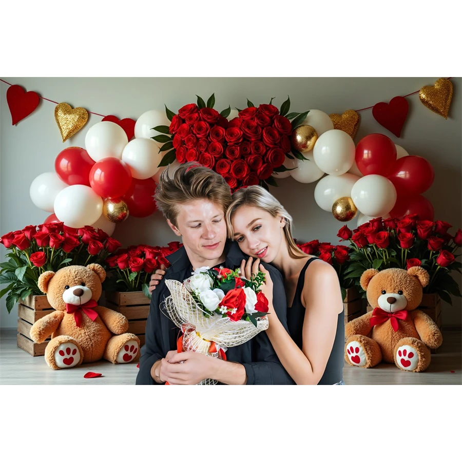 MOON.QG February 14 Valentine\'s Day Background Photography Teddy Bear Heart Pink Curtain Photozone Backdrop Couple Studio Props