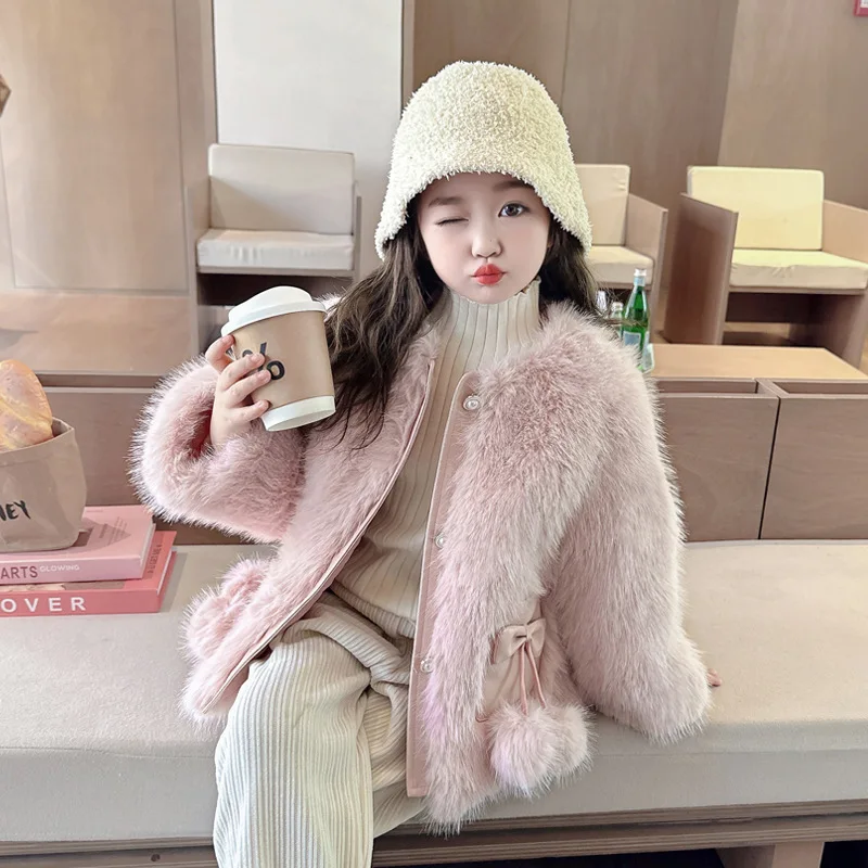 Girls Pink Wool Coat Children 2024 New Autumn Winter Fashion Simple Casual Warm Coat Korean Sweet Style Warm Coat Clothes