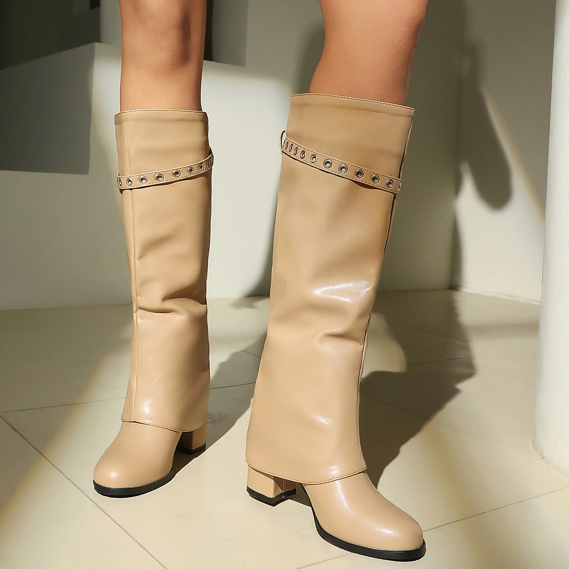 Black Ruched Stacked High Boots Women Chunky Heel Belt Buckle Motorcycle Knee High Vintage Slimming Rider Boots