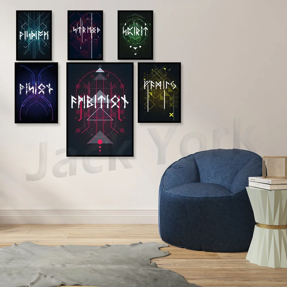 رونيك الوحدة نقش طباعة فن العرافة اللغة الشمالية القديمة Vintage المشارك اللوحة صورة جدار ديكور