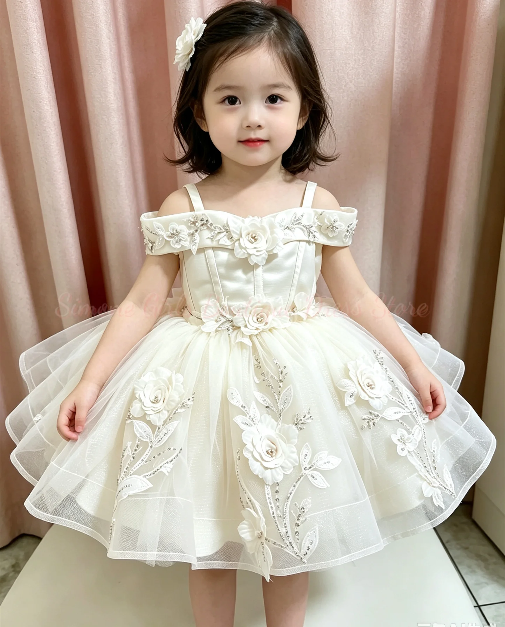 Pink Tulle Lovely Flower Girl Dress for Wedding Kids Straps 3D Appliques Glitter Pageant Dress Sweep Train Custom Wedding Party