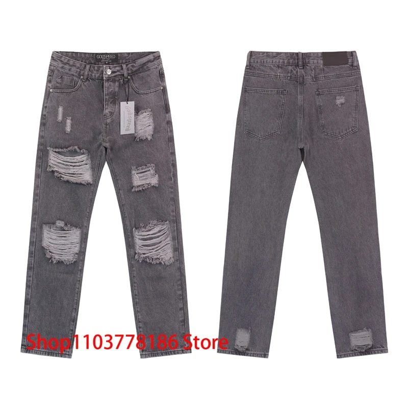 

Men's Godspeed Jeans High Quality Logo Button Retro Grey Broken Hole Pants American Streetwear GOD SPEED Denim Trousers