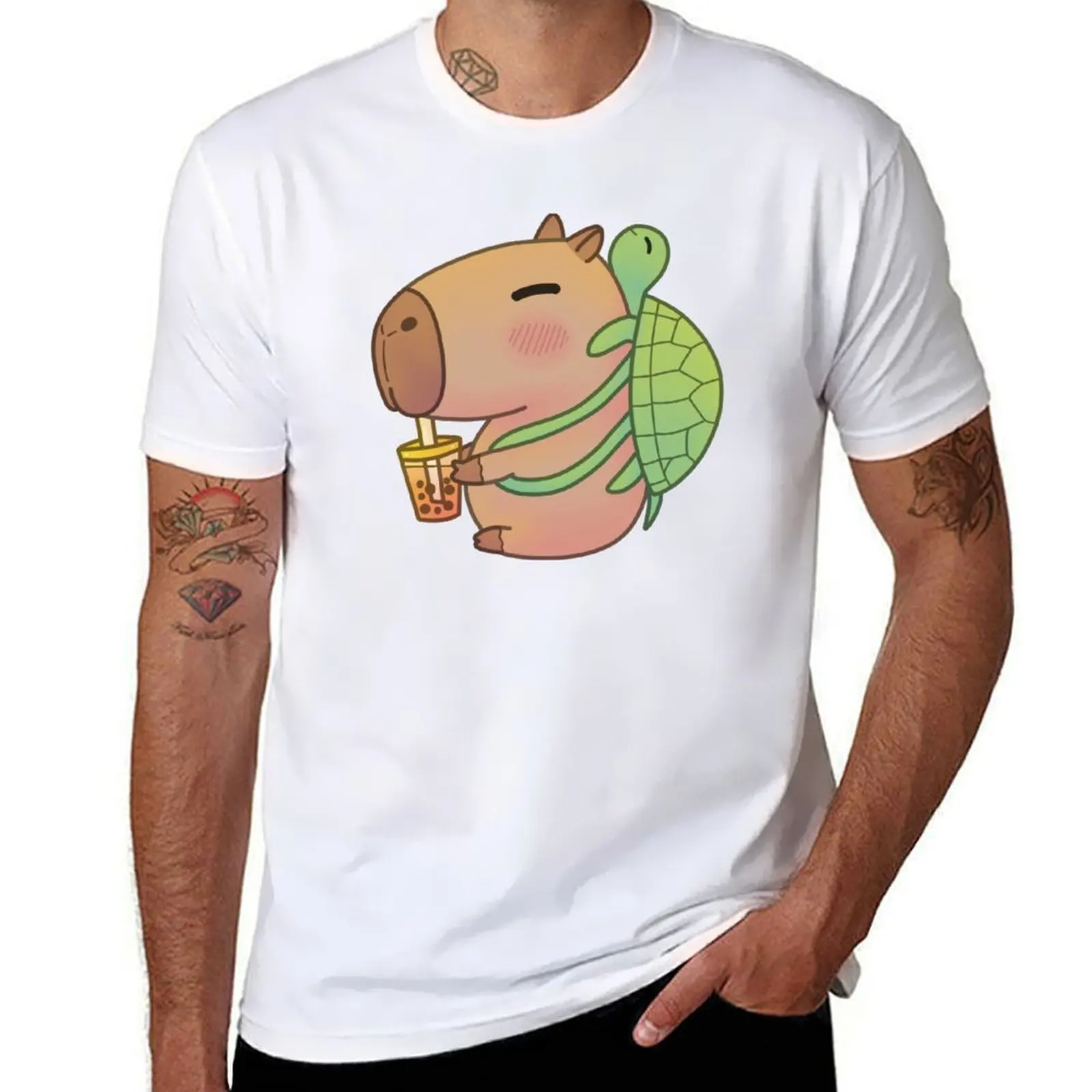 

Capybara with Turtle Backpack Plush Drinking Boba Bubble Tea T-Shirt t shirts designer cotton t shirts high quality T-Shirt