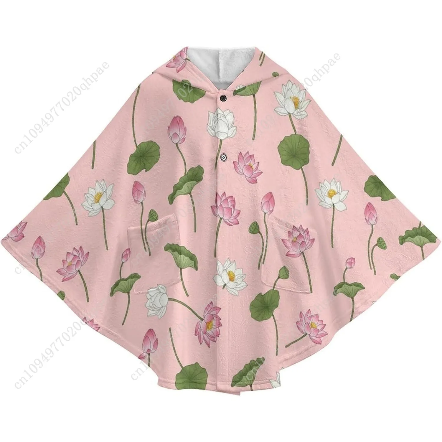 سترة بطانية مريحة من الفلانيل، هوديي كبير الحجم بأوراق زهور اللوتس مع جيوب للأطفال والمراهقين
