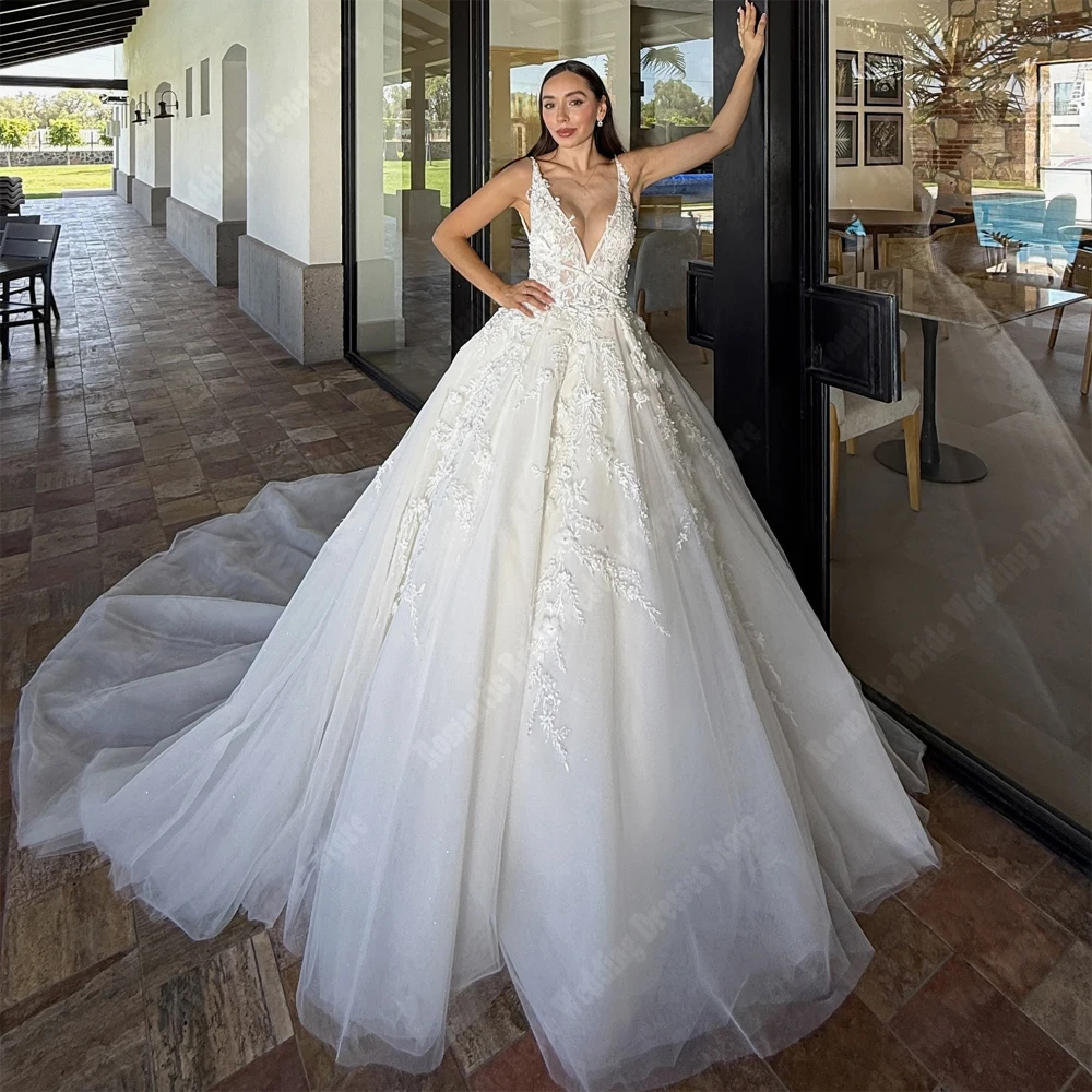우아한 v-목 여성 웨딩 드레스 Mopping 길이 공주 신부 가운 공주 칵테일 파티 Vestidos De Novia 맞춤형