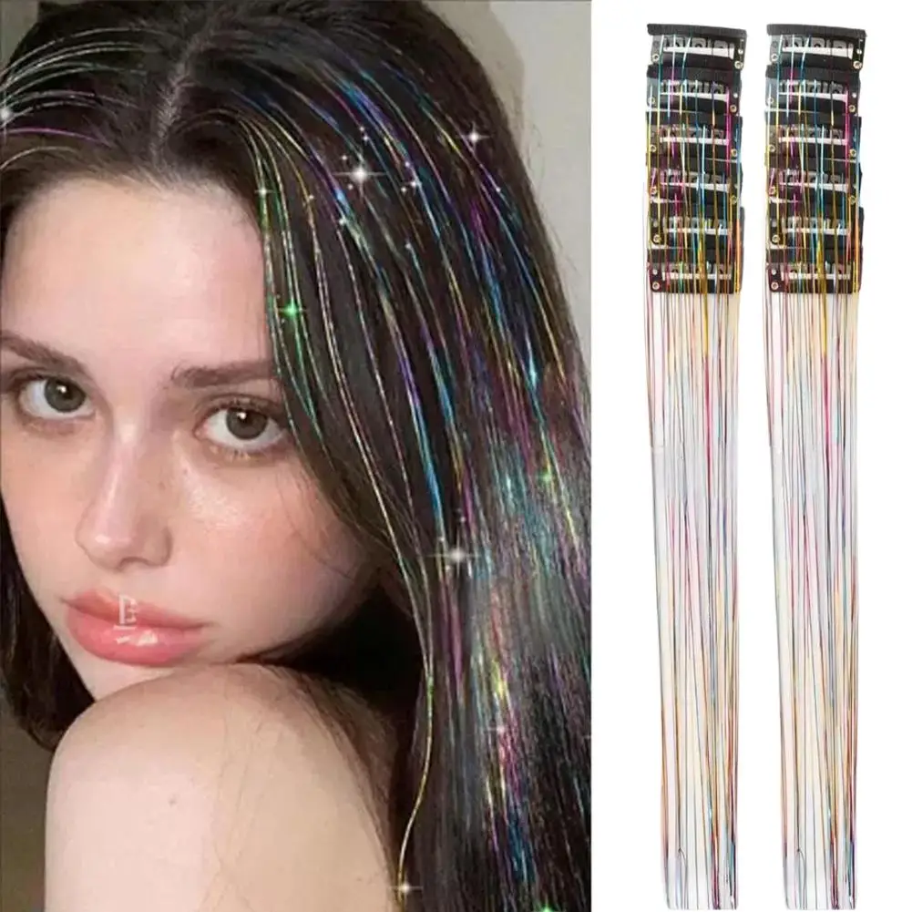 12Pcs Hair Tinsel Clip Glitter Tinsel Hair Extensions Synthetic Clip In Sparkle Music Girl Women Festival Party Hair Accessories