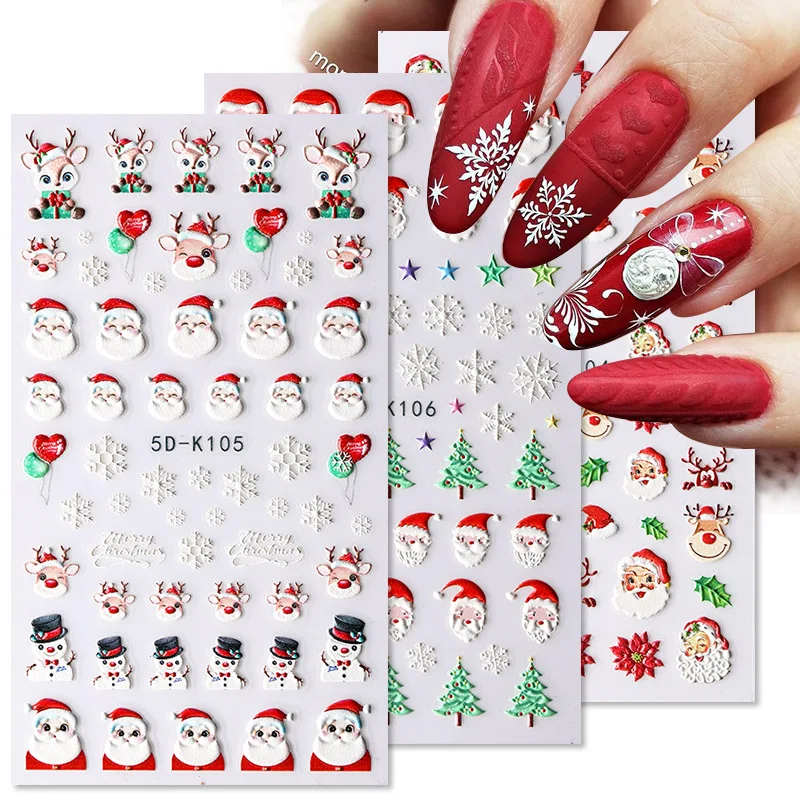 5D Christmas Embossed Nail Art Sticker Snowflake Santa Claus Adhesive Slider New Year Nail Decals Carving Manicure Decors &#xmas