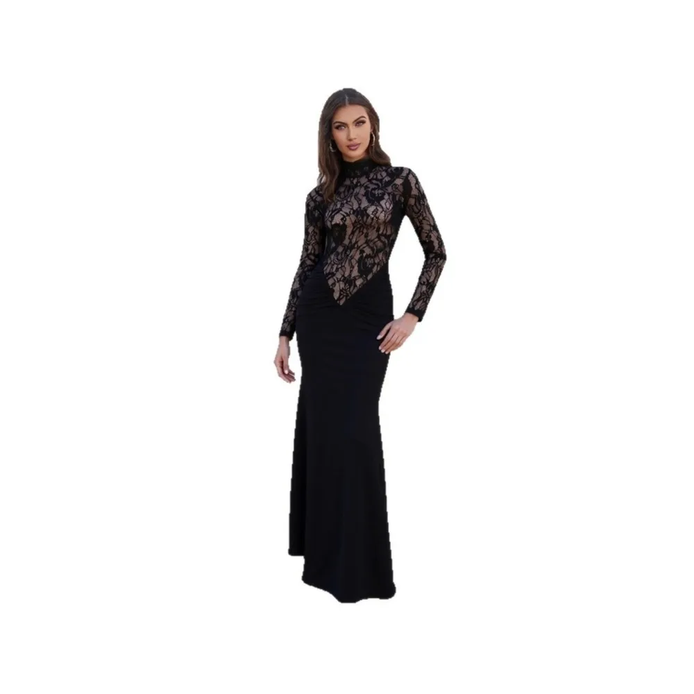 Vestido de noche elegante de sirena negra de manga larga, vestidos de fiesta de boda modestos de satén de encaje para mujer