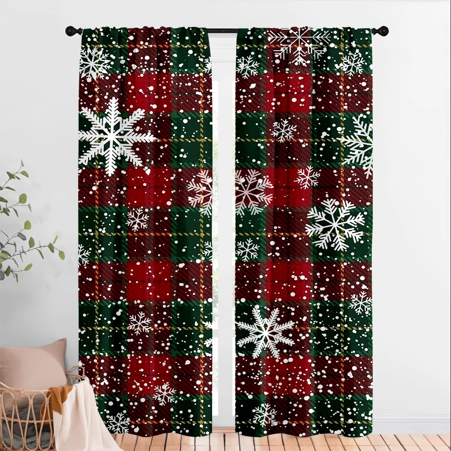 2PCS Christmas Winter Curtains, Red Green Plaid Snow, Digital Print, Bedroom Living Room, Rod Pocket, Polyester, Home Decor