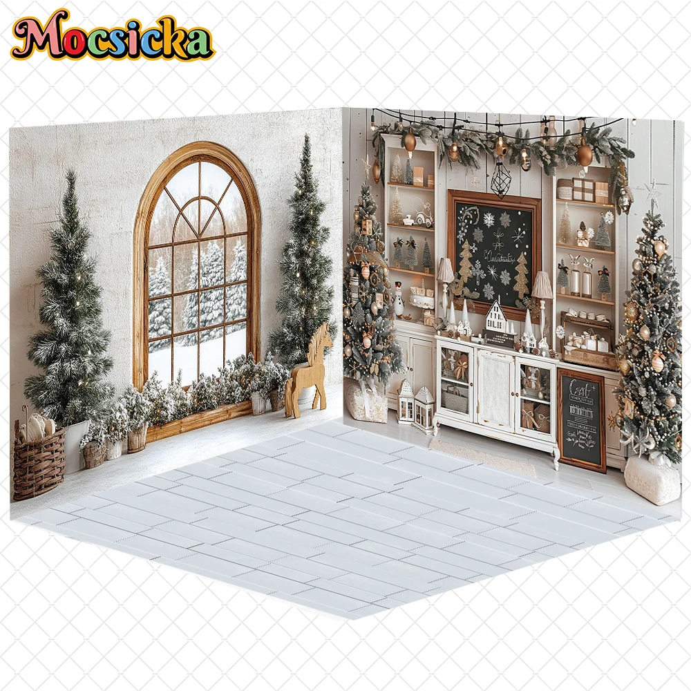 

Mocsicka Christmas Backdrop Home Tree Window Cabinet Kitchen Decorations Family New Year Party Photo Background Studio Wallpaper