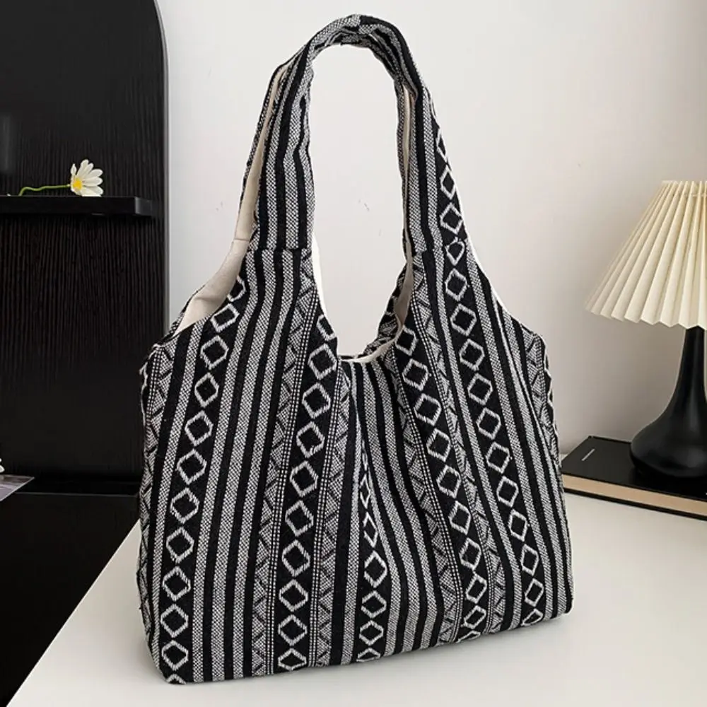 

All-match Large Capacity Ethnic Style Handbag Messenger Bag Canvas Bohemian Tote Bag Geometric Stripe Retro Shoulder Bag Travel