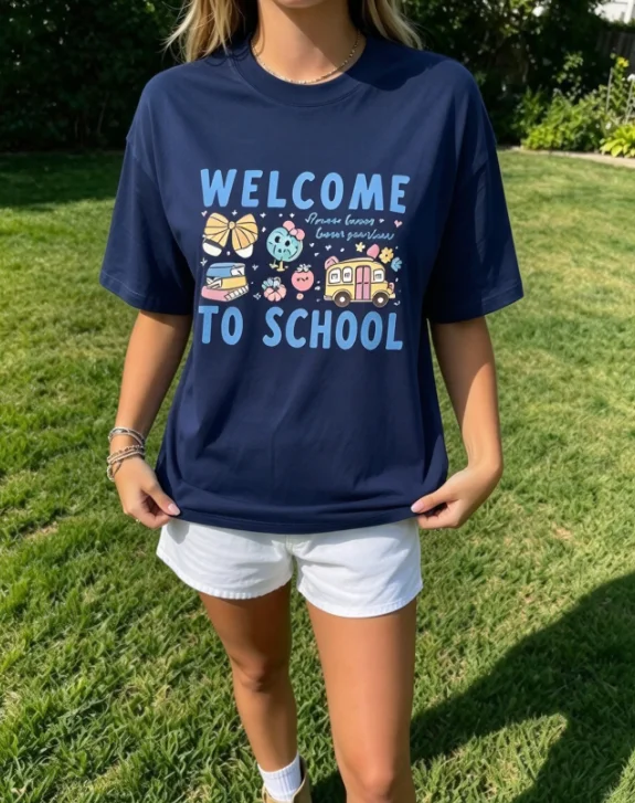 2026 Fashion New Pastel Bus Globe Apple Print T-Shirt Retro Welcome To School Preppy Back To School Elementary Teacher Student Basic Top Tee