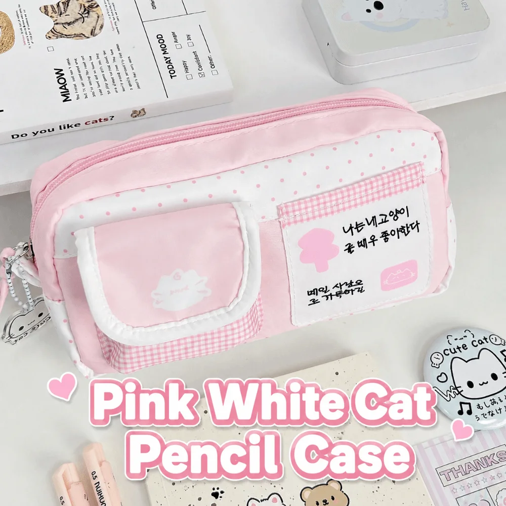 Kawaii Rosa-Weißes Federmäppchen Mehrschichtiges Großraum-Federmäppchen mit Reißverschluss-Design und Katzenmotiv Schreibwaren-Organizer Geschenk