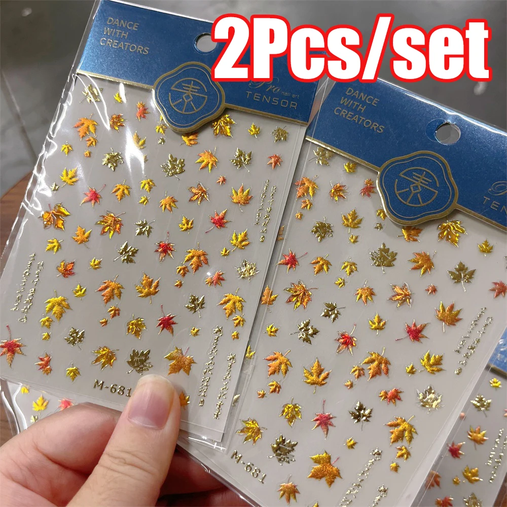 2 uds/kit 5D relieve Acción de Gracias otoño hoja de arce pegatinas de uñas gelatina hoja de hierba dorada pegatina de uñas autoadhesiva deslizador de hoja de arce
