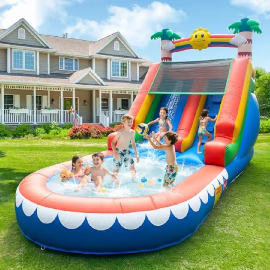 

Inflatable Water Slide for Backyard Use PVC Material Blue and Green 21Feet Giant Size with Climbing Wall and Splash Pool Palm T