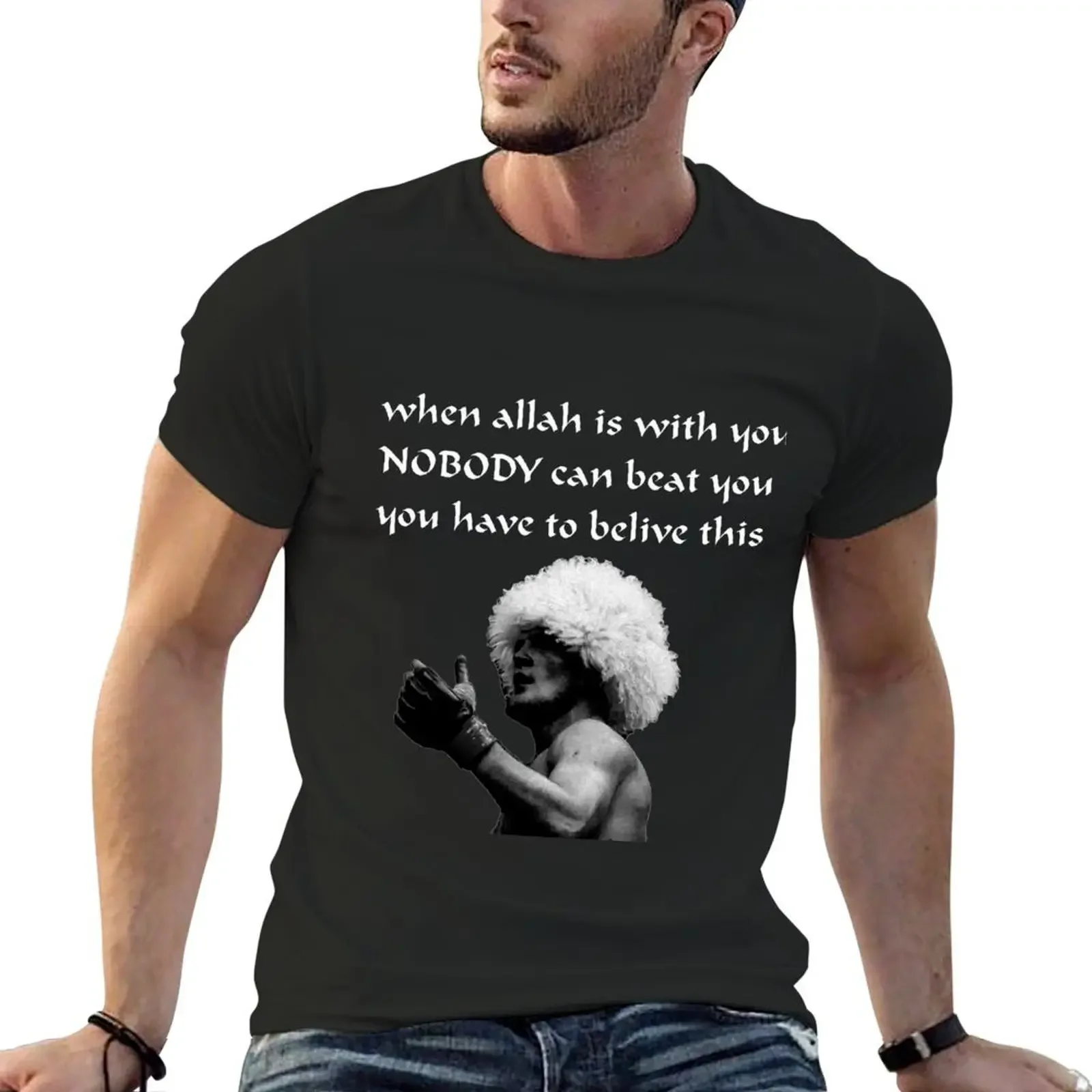 

Khabib Nurmagomedov Quotes : when allah is with you nobody can beat you T-Shirt plain for a boy men tshirt