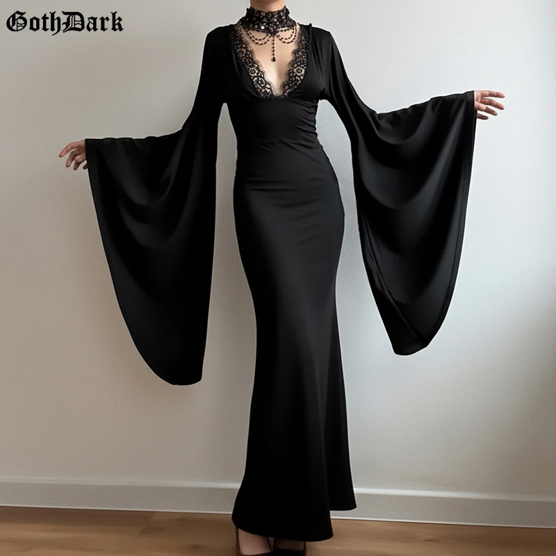 

Goth Dark Fashion Lace Trim Maxi Dress for Women Mall Gothic Outfits Flare Sleeve Sexy Backless Chain Dresses Party Halloween
