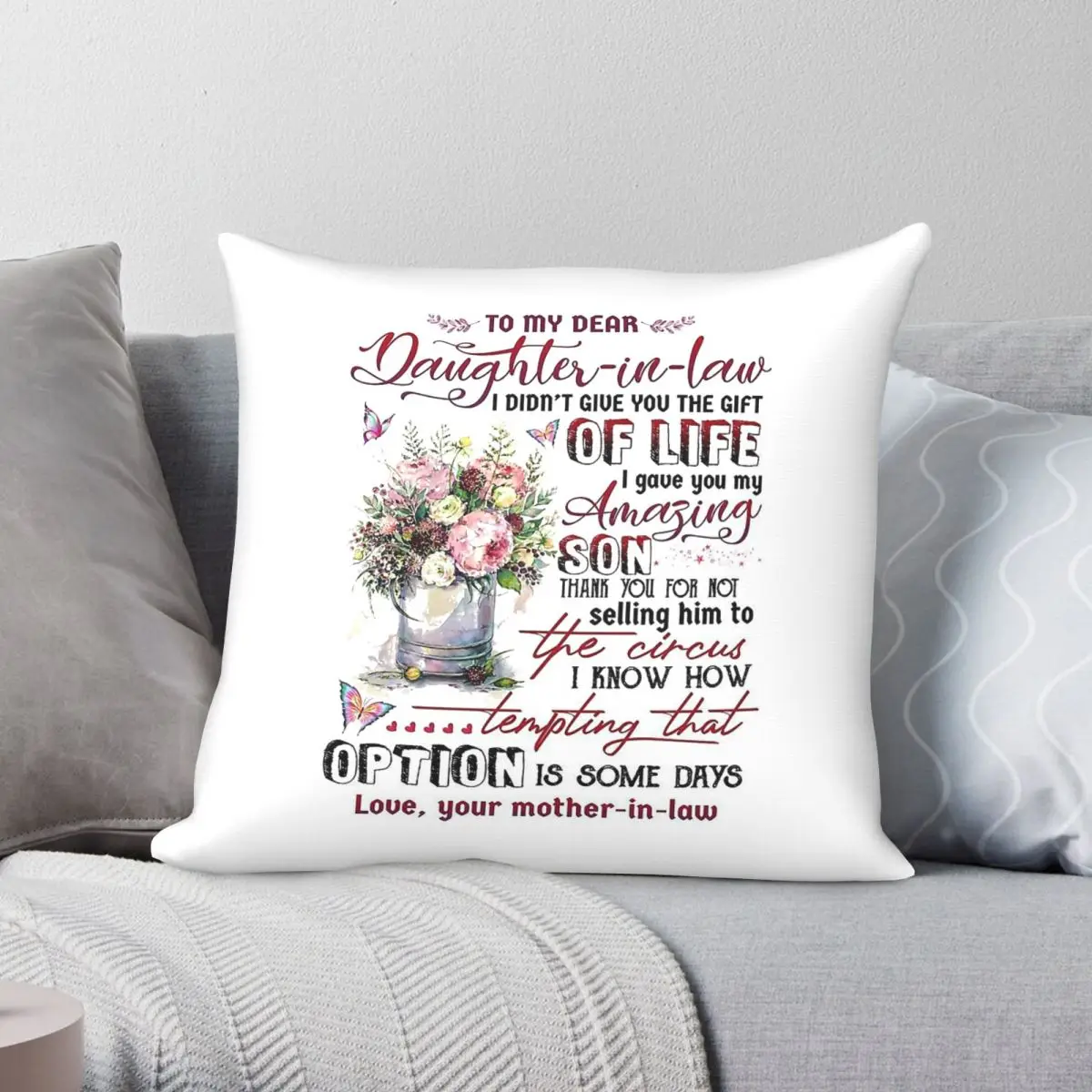 To My Daughter-In-Law Flowers Circus Square Pillowcase Polyester Linen Velvet Printed Zip Decor Pillow Case Room Cushion Cover