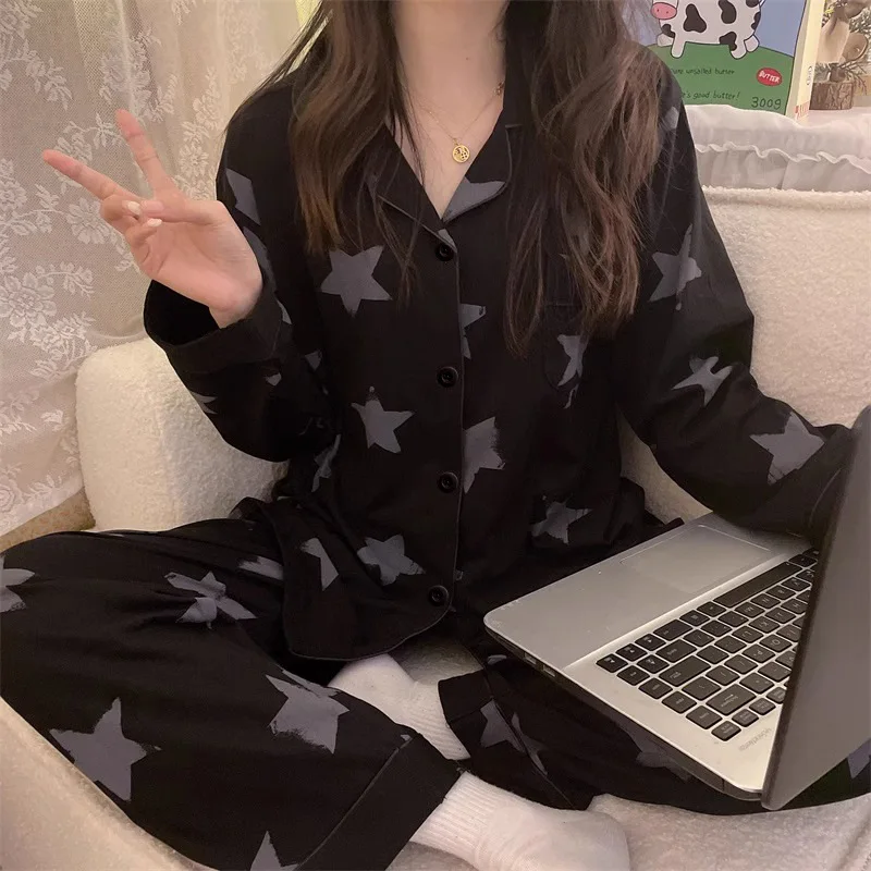 Star Full Print Pajamas for Women Spring and Summer New Long Sleeve Black High-end Home Wear Women\'s Pajamas Nightwear Sleepwear