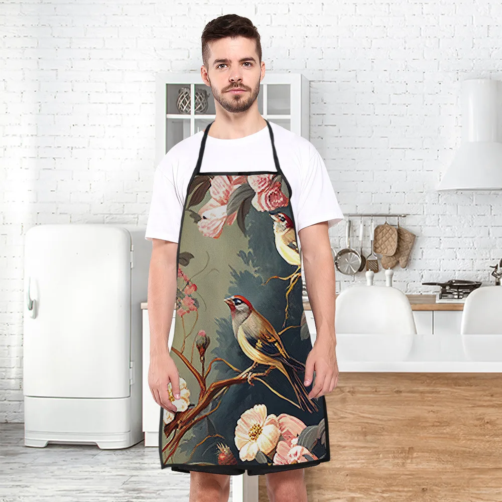 Waterproof Kitchen Apron for Men and Women, Flowers and Birds Print, Cooking, Home Cleaning Tools, 1 Pc