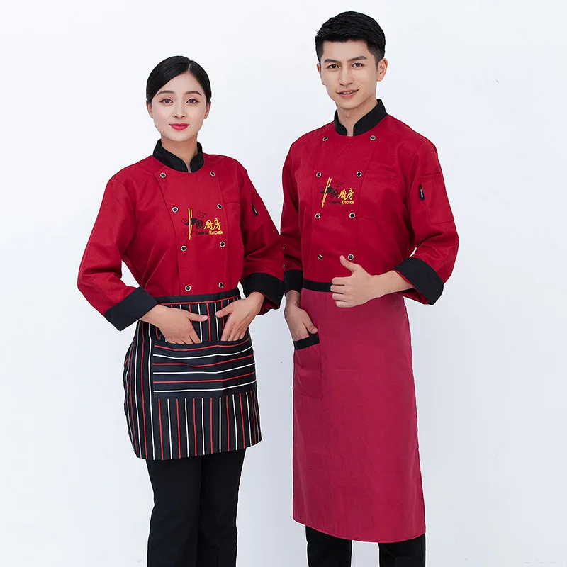 Chef Overalls Men's and Women's Long Sleeves Autumn and Winter Hotel Restaurant Ding Room Western Food Rear Kitchen Breathable S