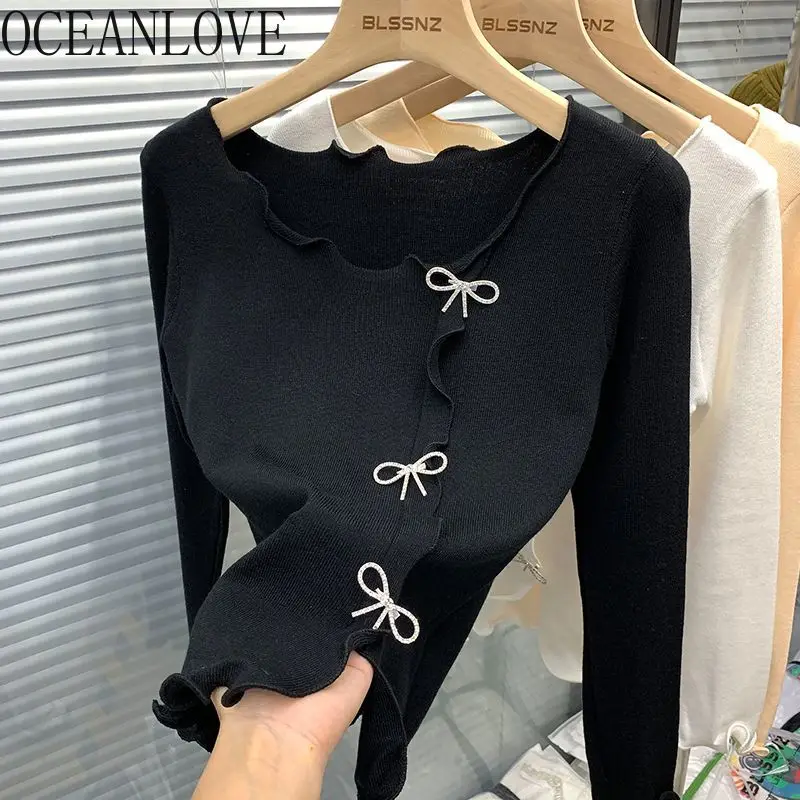 OCEANLOVE Y2k Autumn Winter Clothes Women Sweaters Ruffles Bows Korean Fashion Slim Elegant Pull Femme Elegant Pullovers