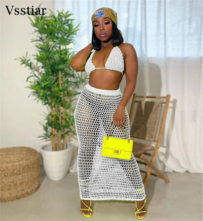 Vsstiar-mulheres crochê malha duas peças set, sexy, aberto, roupas de praia, biquíni cover-up, sutiã de férias e saias longas