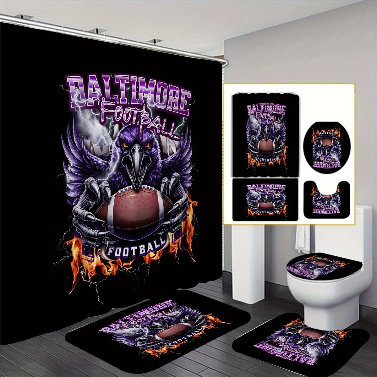 

Baltimore Football Bathroom 4-Piece Set: Shower Curtain, Bath Mat, Toilet Cover, and Tank Cover – Sports Fan Home Decor