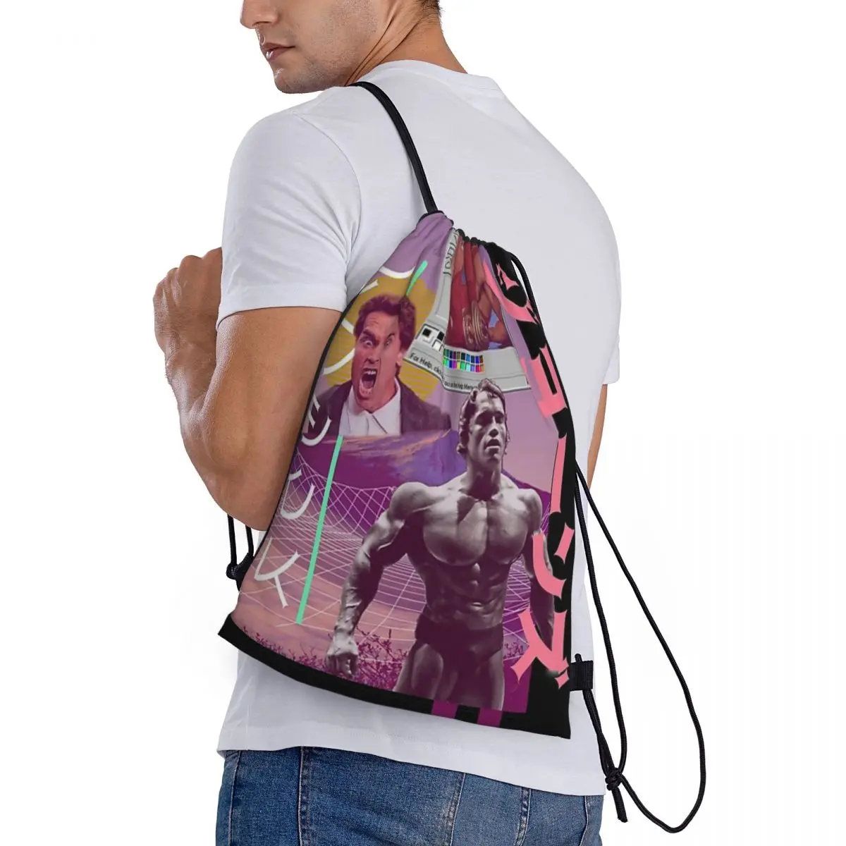 Drawstring bag Storage Portable Handbags Arnold Schwarzenegger 80s Vaporware Meme Aesthetic Retro Grocery Shopping Shoulder bags